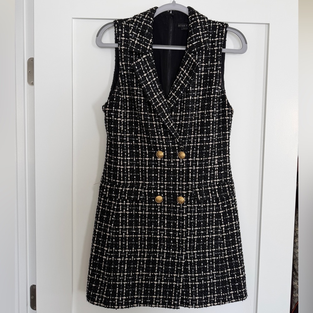 Alice + Olivia Jordy Double-Breasted Tweed Tuxedo Dress
